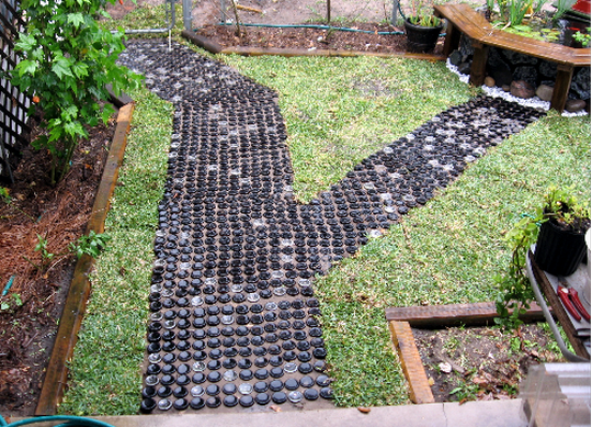 recycled wine glass bottom bottles garden path grass decoration