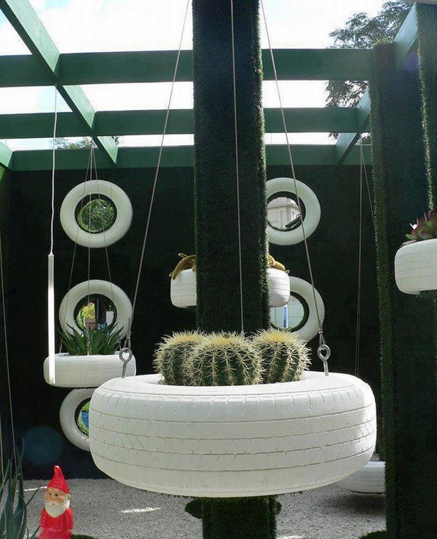 ways to reuse old tires garden hanging planter white painted cactus