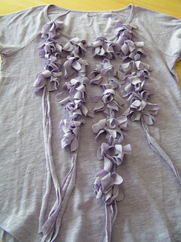 upcycled T-shirt ideas purple ribbon flowers creative reuse
