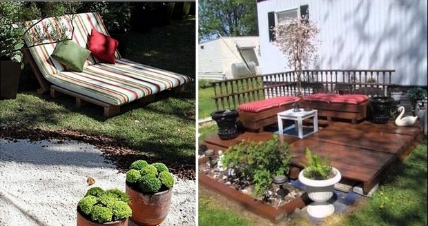 outdoor pallet furniture ideas backyard garden lawn upcycled wooden lounge colorful cushion decorative pillows