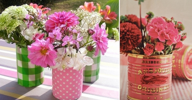 colorful fabric tin can flower garden backyard diy table centerpiece decor