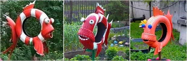 red interesting diy repurposed tire fish coloured garden art cute tire ideas
