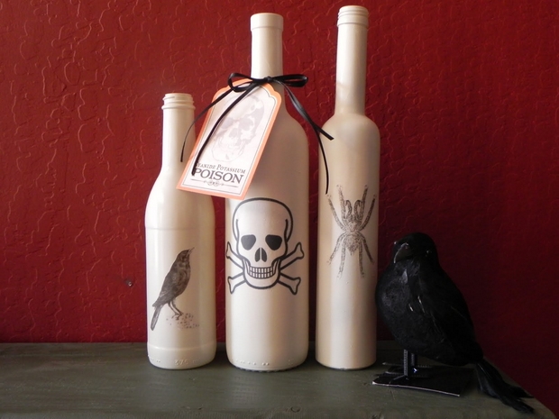halloween empty reused white wine bottles scary decorated black crow