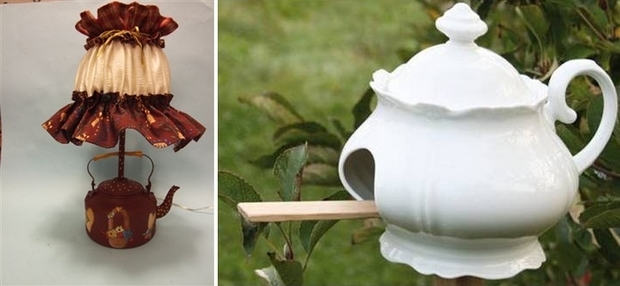 reuse old white porcelain teapots diy garden birdhouse ideas