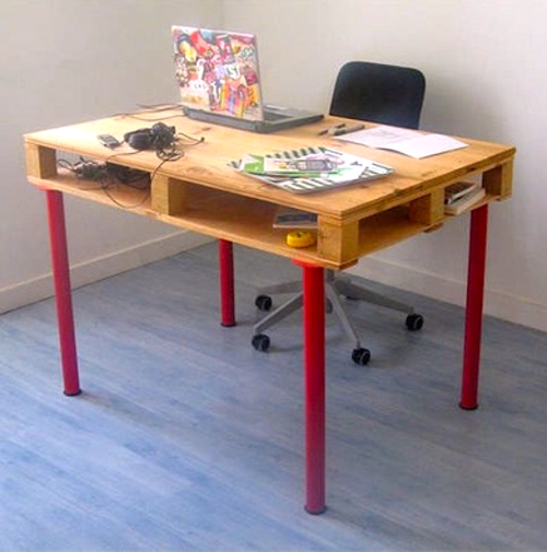 homemade work desk diy pallet table red wooden legs colourful laptop headphones office chair