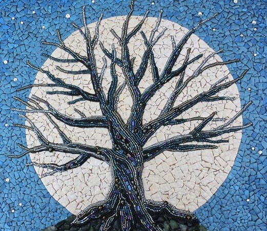 reuse eggshell mosaic art moon blue sky tree creative upcycling ideas