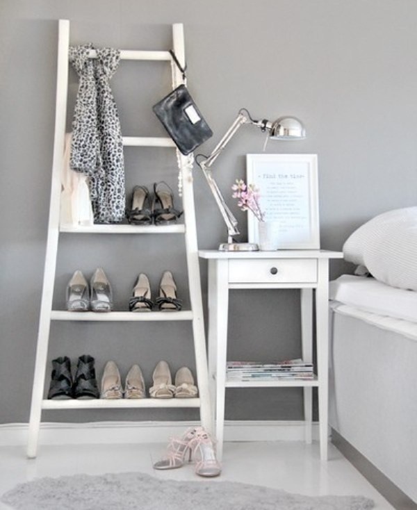 upcycled white diy ladder shoe shelf as bedroom decoration