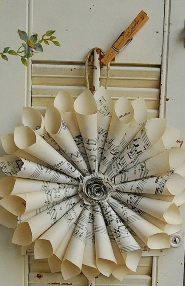 book page christmas ornament old rolled paper music notes wreath wall hanging decor ideas