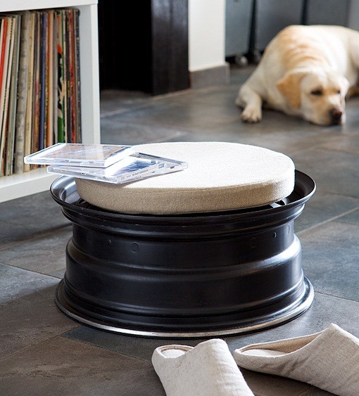 reused car rims recycled indoor tire rim stool black painted decor idea
