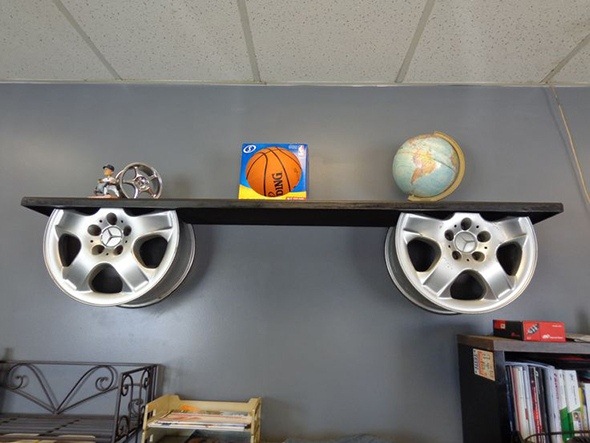 reuse car rims repurposed furniture alloy wheels wooden shelf decor idea