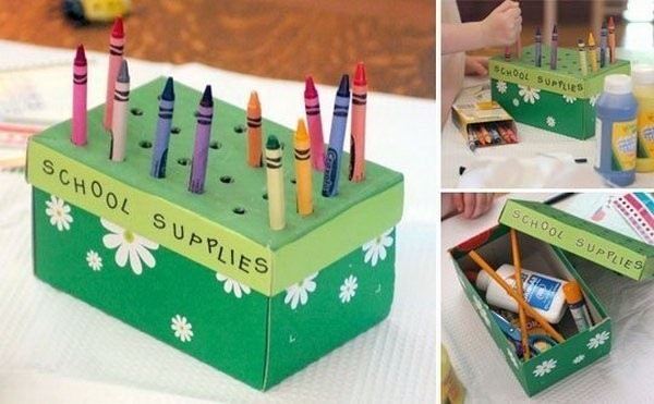 reuse shoebox kids school supplies organizer colored crayons upcycled craft idea