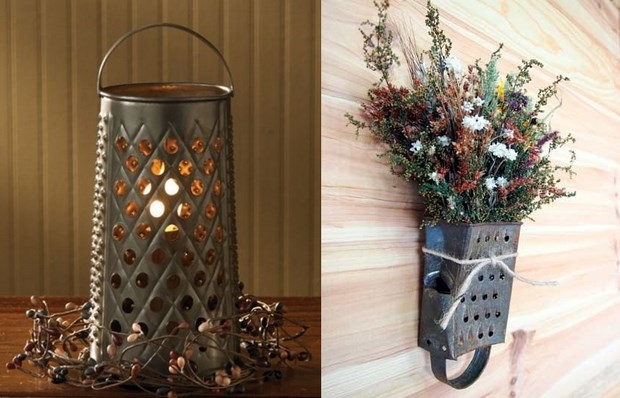 upcycle cheese grater hanging flower pot centerpiece vintage lights idea