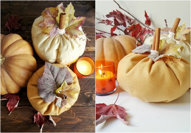 stuffed fabric pumpkin yellowfaux leaves cinnamon sticks halloween