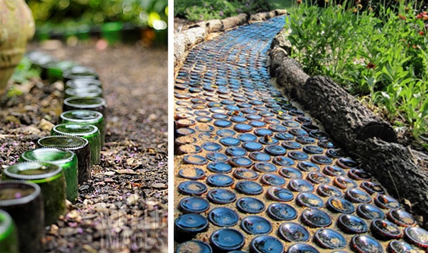 recycled glass bottles diy garden path border idea 