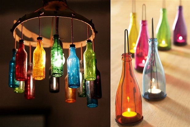 repurposed wine colorful hanging lamp bottles diy candle