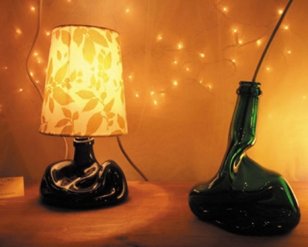 reuse glass bottles upcycled lamp melted bedside table 