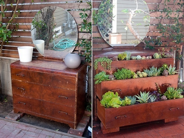 garden junk ideas old wooden chest of drawers reuse planter round mirror