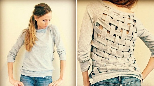 Upcycle old clothes repurpose gray sweater creative back easy diy craft