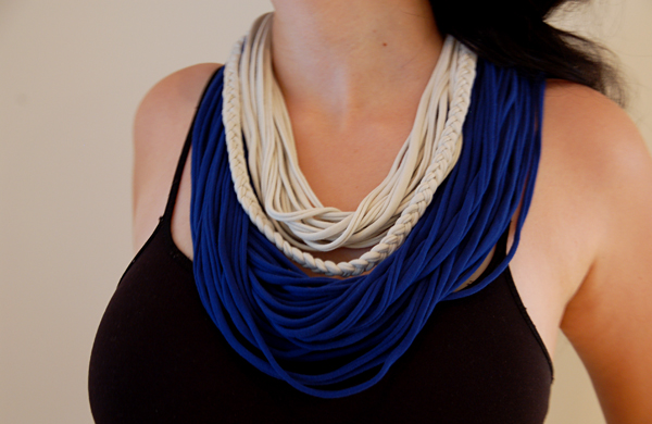 upcycled T-shirt ideas blue white scarves creative redesign