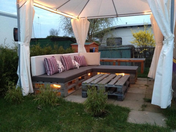 outdoor pallet furniture ideas creative backyard patio white tent colorful cushion pillows