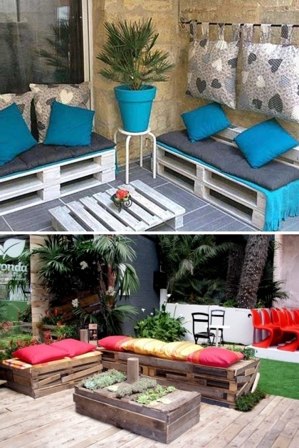outdoor shipping pallet furniture ideas white painted bench colorful cushion