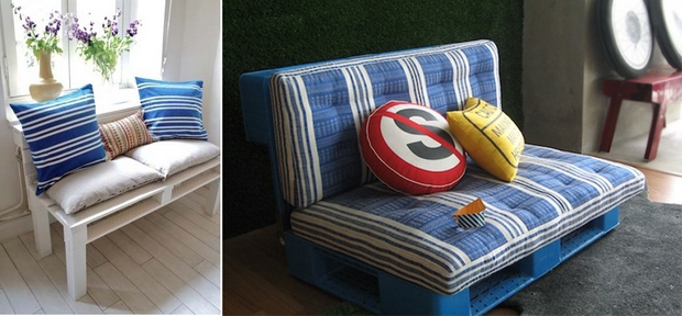 pallet furniture ideas white wooden bench blue cushion