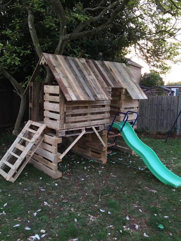reused pallet furniture playhouse kids slide garden creative ideas