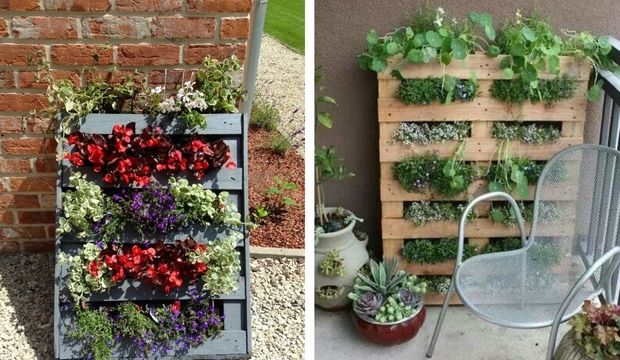 vertical pallet garden balcony brick wall metal armchair flower pots
