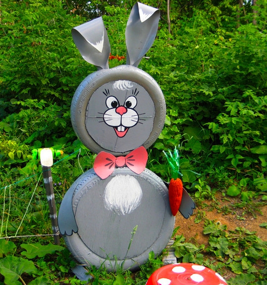 Tire recycling ideas cute tire rabbit made of old unwanted tires painted grey bunny garden decoration upcycled project