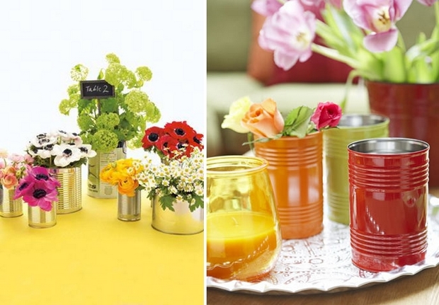 painted recycled mini tin cans flower decor table centerpiece vases