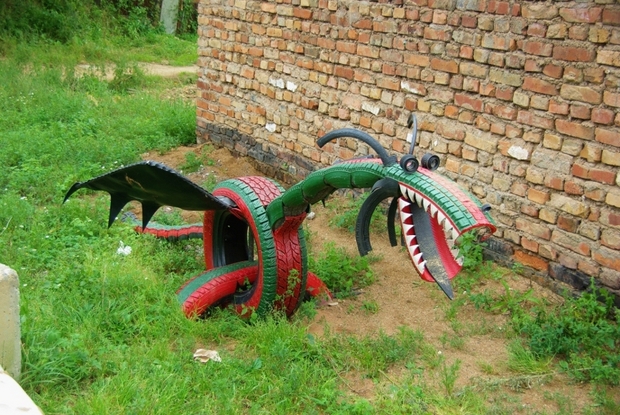 recycling tire dragon made of old reused unwanted tires