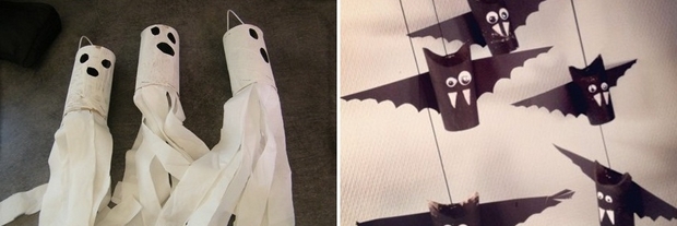 repurpose toilet paper rolls easy kids crafts hangling black bats white scary ghosts helloween decoration ideas