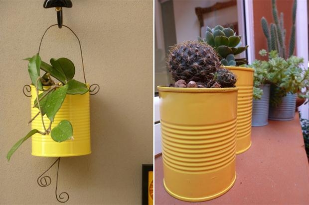 yellow painted tin can craft ideas cactus decoration vases