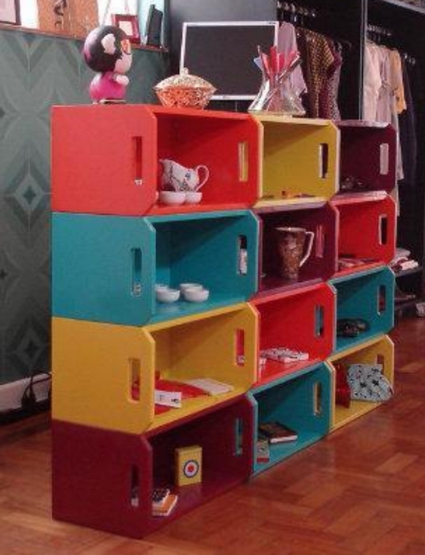 old colorful painted wooden boxes shelves divider creative ideas