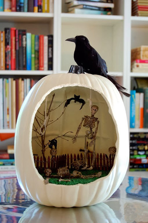  upcycled halloween carving pumpkin ideas skeleton inside graveyard bat scary decor raven