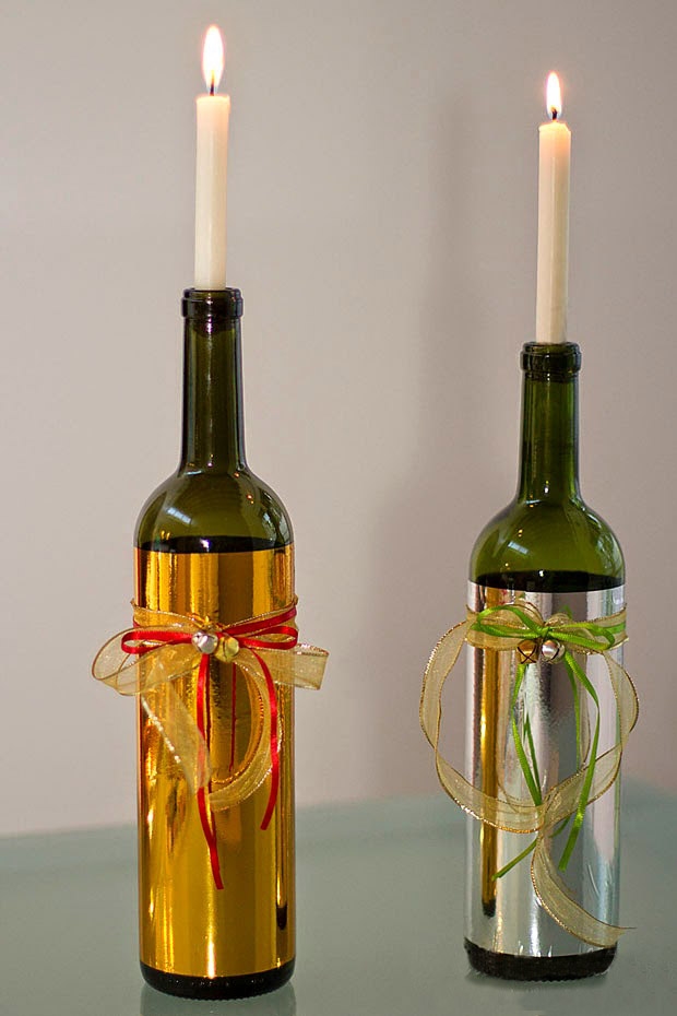 christmas candle holder crafts from old wine bottles with ribbons creative decor ideas