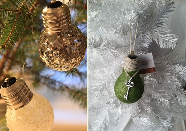 christmas decorating ideas for diy tree lights made of burned out bulbs glitter effect bulb wrapped in burlap christmas key