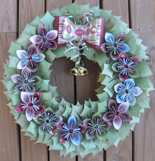 front door homemade wreath paper ribbon colourful diy flowers
