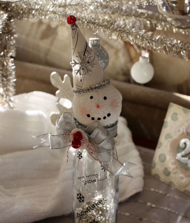 handmade christmas crafts diy snowman with hat and ribbon made from old glass bottles
