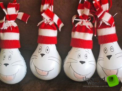 recycled old bulbs diy christmas ornaments smiling rabbits with nice red hats