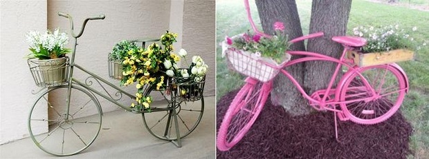 repurposed bike used as garden decoration with flowers