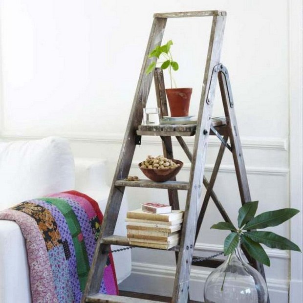 old rustic ladder bookshelves and flower pots home decoration