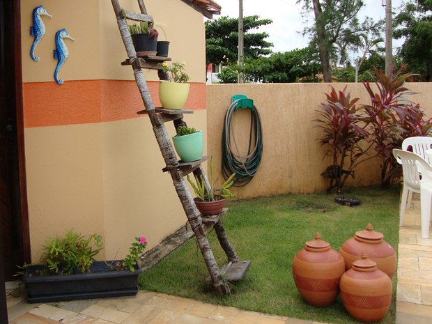 old upcycled ladder shelves with plant pots backyard decorating ideas