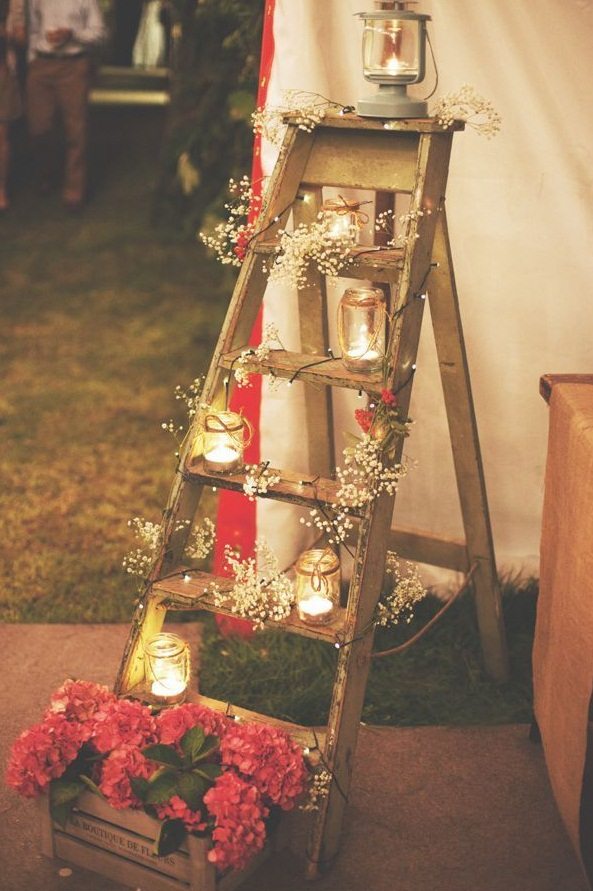old wooden upcycled ladder shelves with glass jar lights for garden decoration
