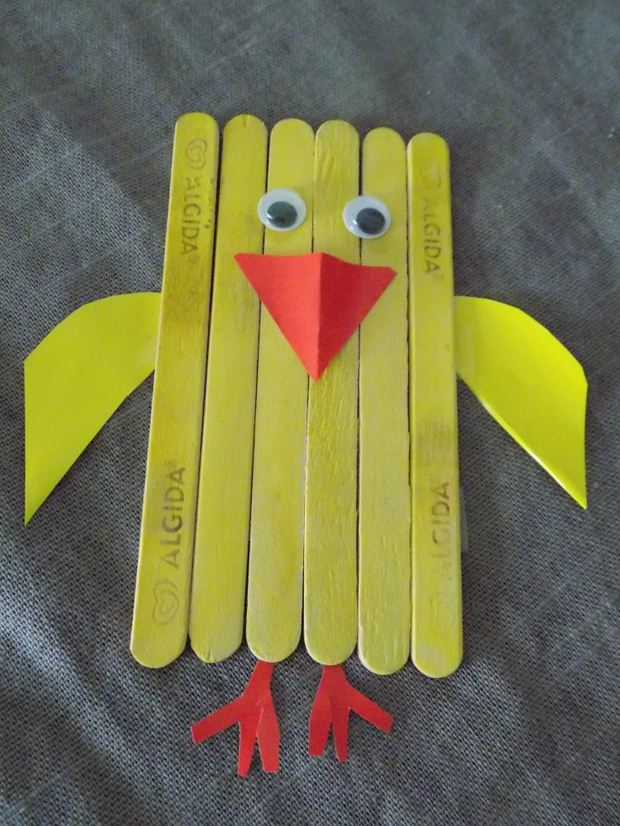 reused old popsicle sticks crafts as yellow chicken shaped kids ideas