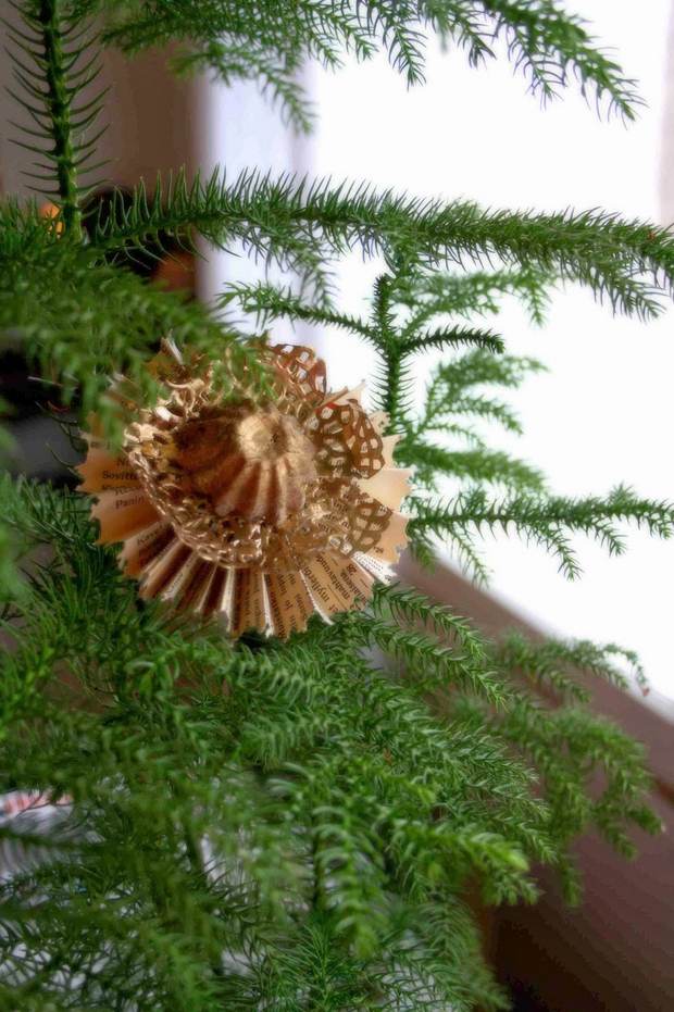 book page rosette christmas ornaments small golden color craft on xmas tree diy decorating ideas