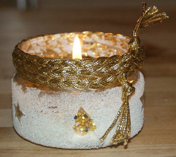 glass jar christmas crafts gliter candle decorative snow golden ribbon ideas