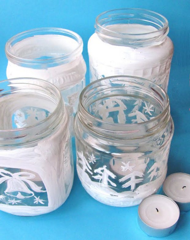 glass jars christmas crafts white painted luminaries diy upcycling ideas
