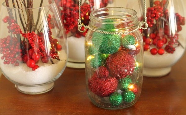 gliter glass jar christmas crafts cranberries balls reused decoration ideas