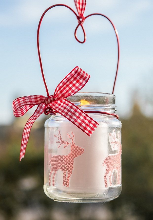 glass jar christmas crafts diy candle red ribbon deer decor ideas